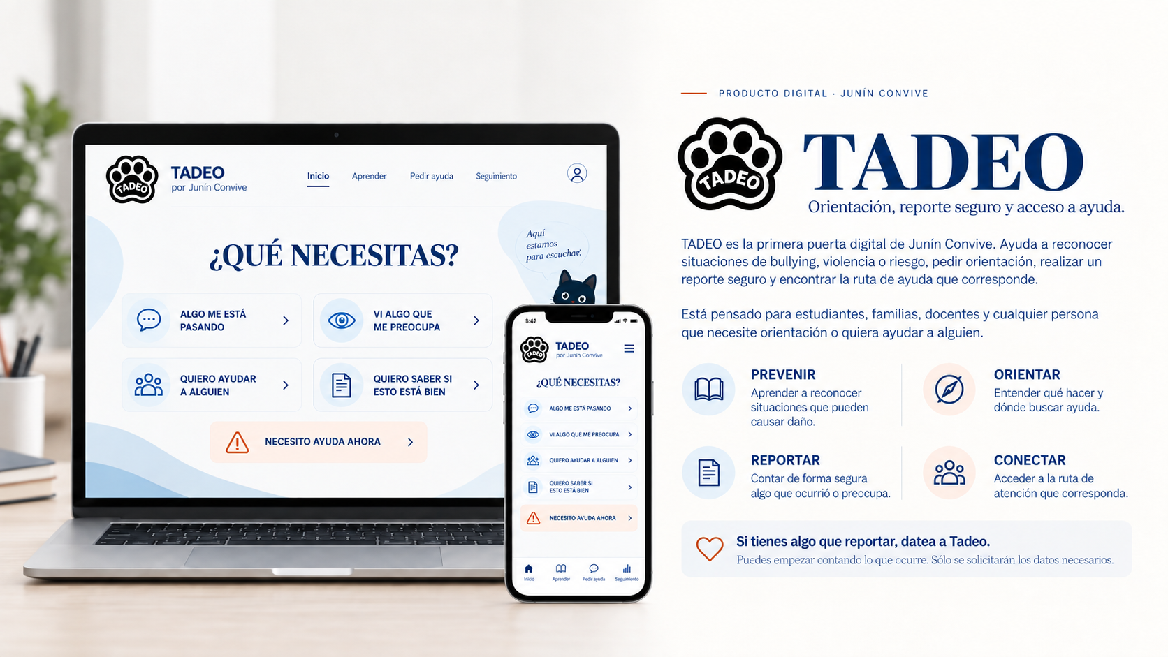 Concepto visual de TADEO, producto digital de Junín Convive: identidad de la patita, interfaz web y móvil, y funciones de prevención, orientación, reporte y conexión con ayuda.